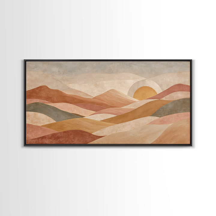 Sunrise over Rolling Dunes in Muted Peach Framed Canvas Print, Boho Art, Living Room Decor, Abstract Art, Bohemian, BOH-2x1-65
