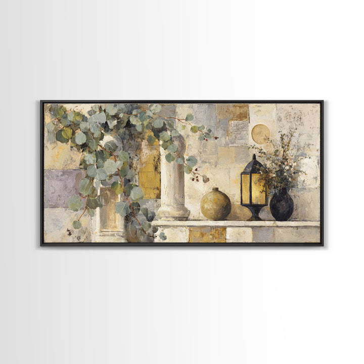 Sage Green Eucalyptus and Crescent Moon Framed Canvas Print, Boho Art, Fine Art Print, Living Room Decor, Fine Art, Bohemian, BOH-2x1-67