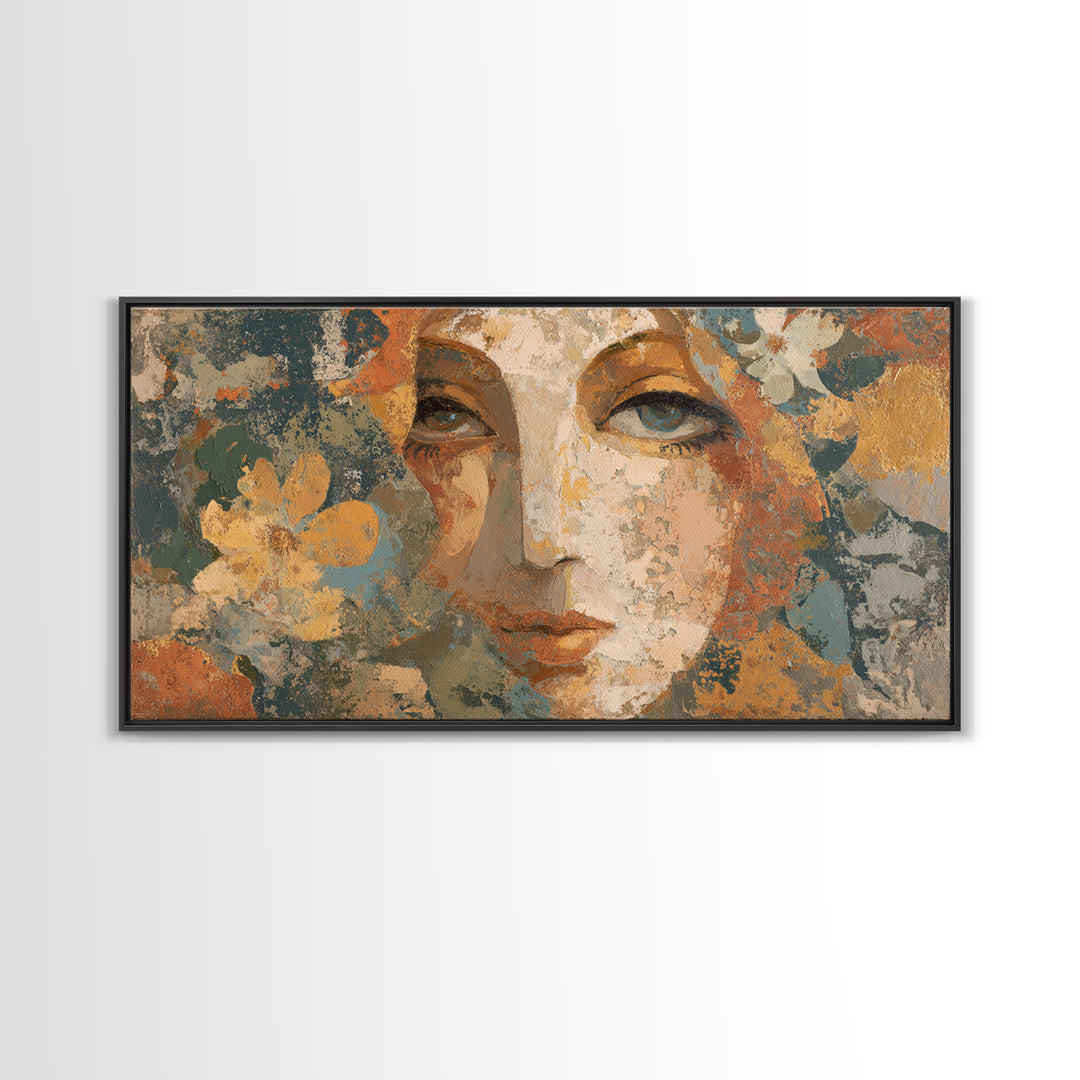 Abstract Female Face Framed Canvas Print, Boho Art, Digital Wall Art, Living Room Decor, Watercolor Art, Bohemian, Garden Art, BOH-2x1-72