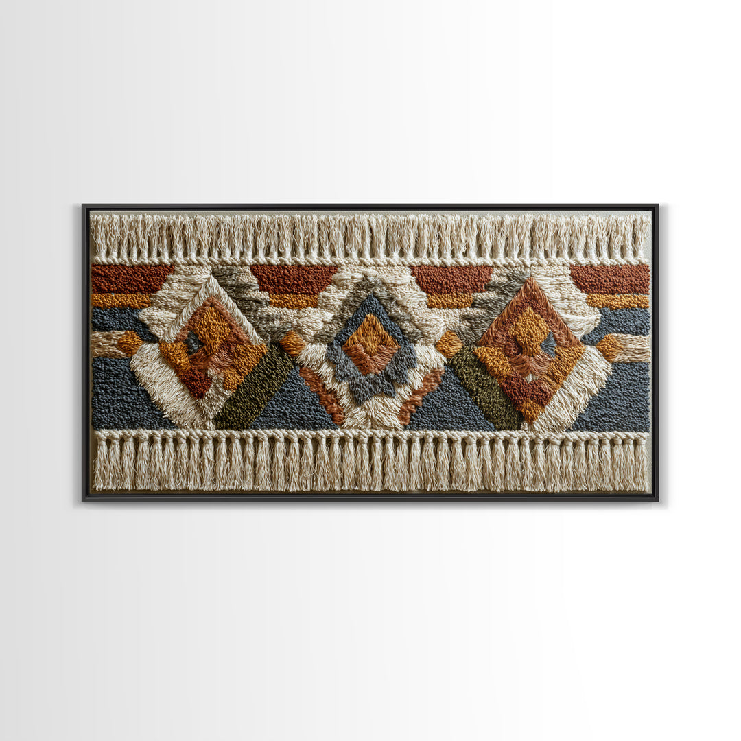 Macrame Geometric Fringe Pattern Framed Canvas Print, Boho Art, Contemporary Art, Living Room Decor, Abstract Art, Bohemian, BOH-2x1-75