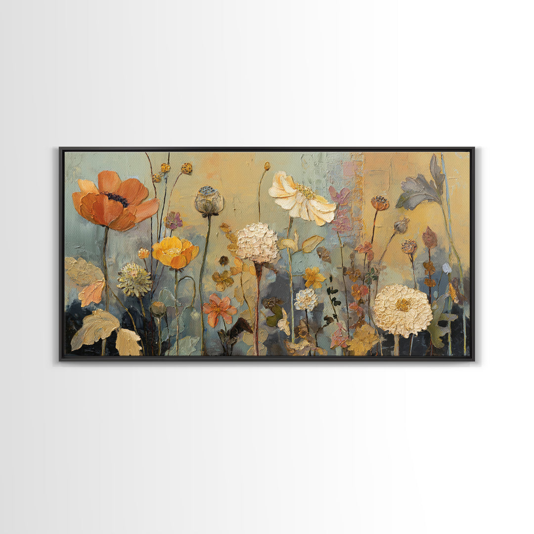 Burnt Orange Floral Field at Sunset Framed Canvas Print, Boho Art, Boho Wall Art, Living Room Decor, Fine Art, Bohemian, BOH-2x1-81