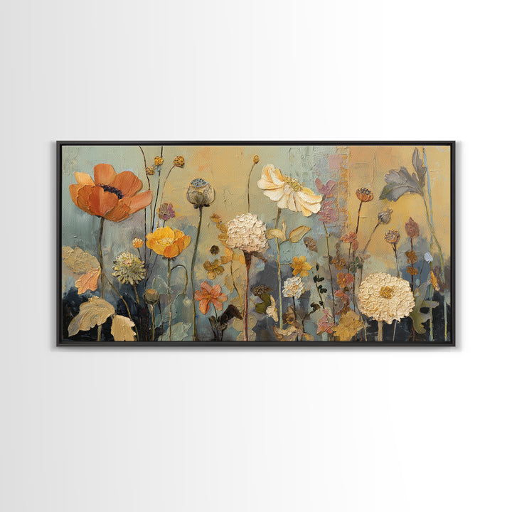Burnt Orange Floral Field at Sunset Framed Canvas Print, Boho Art, Boho Wall Art, Living Room Decor, Fine Art, Bohemian, BOH-2x1-81