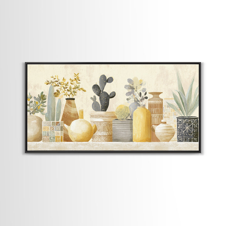 Warm Neutral Cactus Garden Illustration Framed Canvas Print, Boho Art, Digital Wall Art, Living Room Decor, Fine Art, Bohemian, BOH-2x1-86