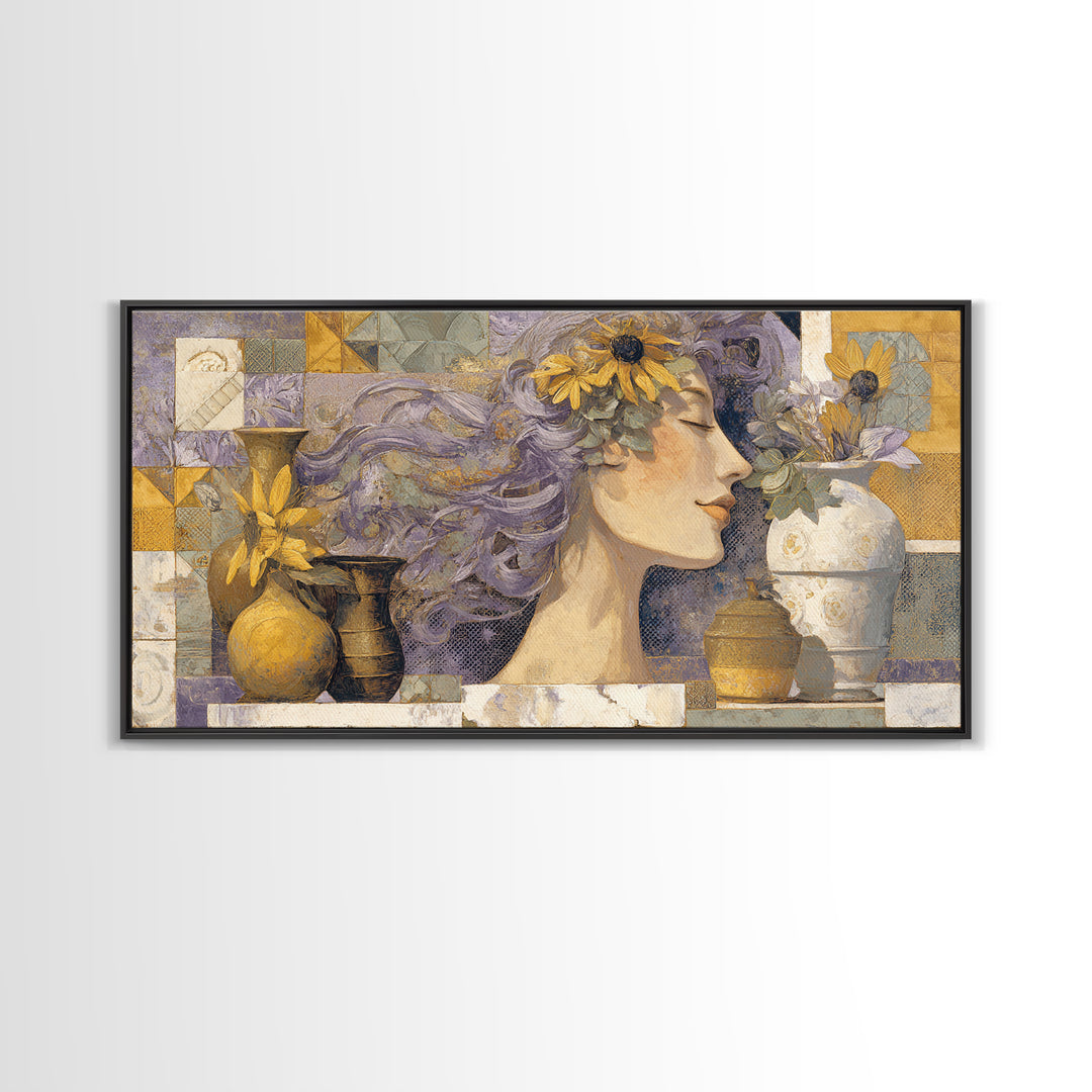 Abstract Female Face Framed Canvas Print, Boho Art, Boho Wall Art, Living Room Decor, Fine Art, Bohemian, Statement Artwork, BOH-2x1-96
