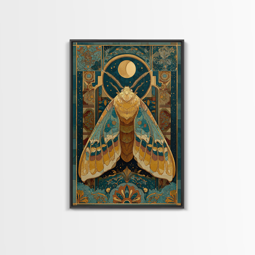 Golden Moth with Moon and Stars Framed Canvas Print, Boho Art, Art Nouveau, Living Room Decor, Fine Art, Bohemian, Wall Print, BOH-2x3-1