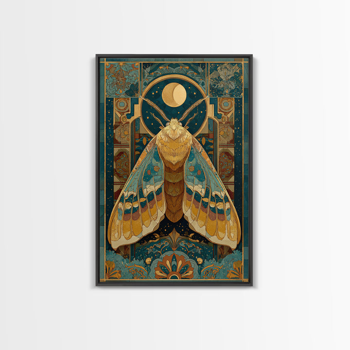 Golden Moth with Moon and Stars Framed Canvas Print, Boho Art, Art Nouveau, Living Room Decor, Fine Art, Bohemian, Wall Print, BOH-2x3-1