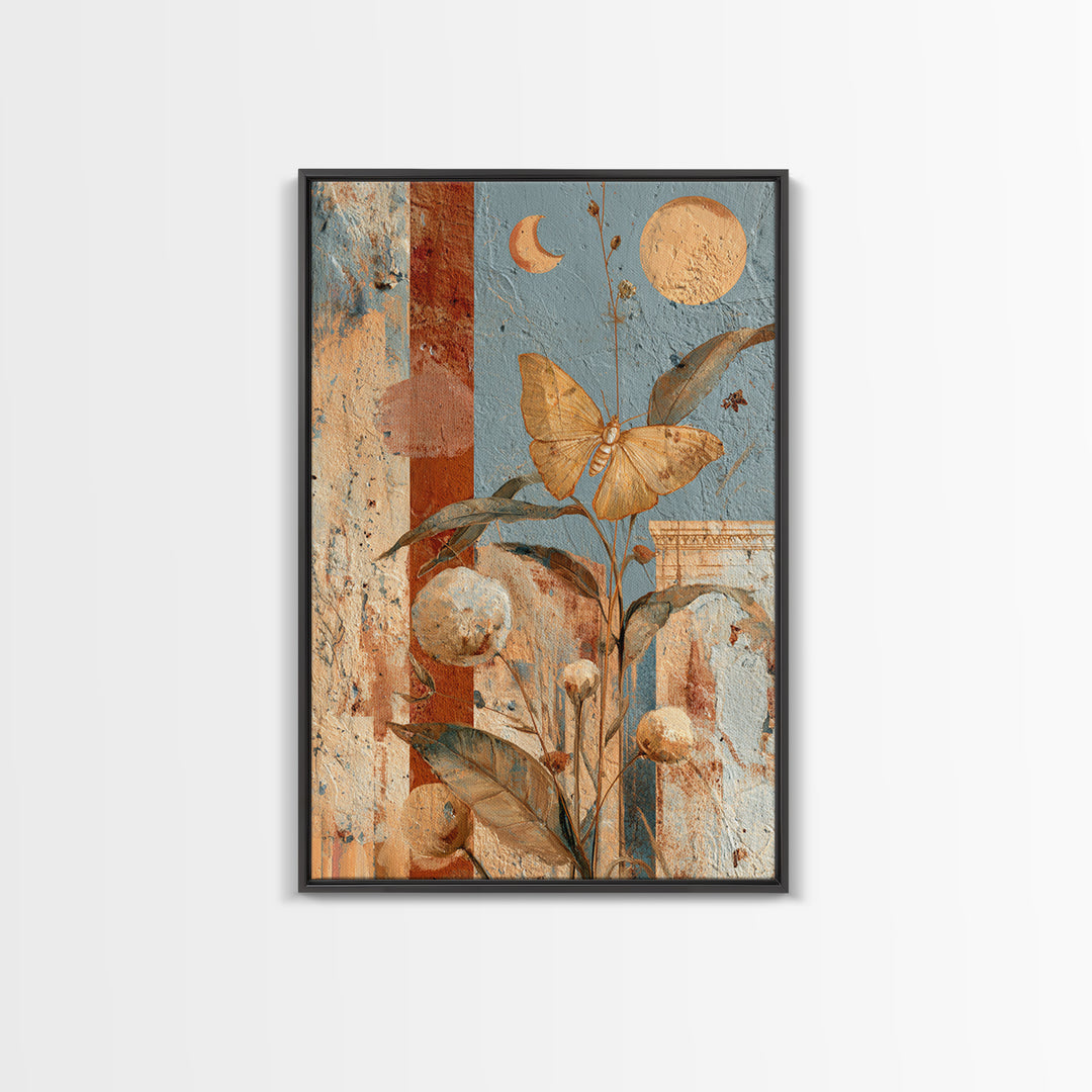 Golden Moth with Moon and Stars Framed Canvas Print, Boho Art, Art Nouveau, Living Room Decor, Fine Art, Bohemian, Wall Print, BOH-2x3-25