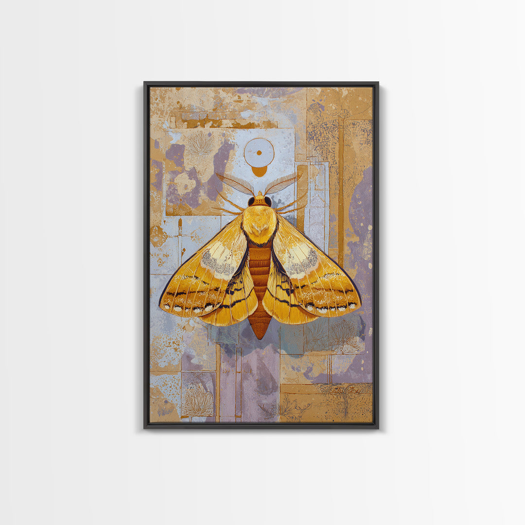 Golden Moth with Moon and Stars Canvas Print, Boho Art, Abstract Wall Art, Living Room Decor, Bohemian, Fine Art Print, BOH-2x3-49