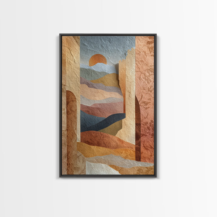 Sunrise over Rolling Dunes in Muted Peach Framed Canvas Print, Boho Art, Boho Wall Art, Living Room Decor, Oil Painting, BOH-2x3-53