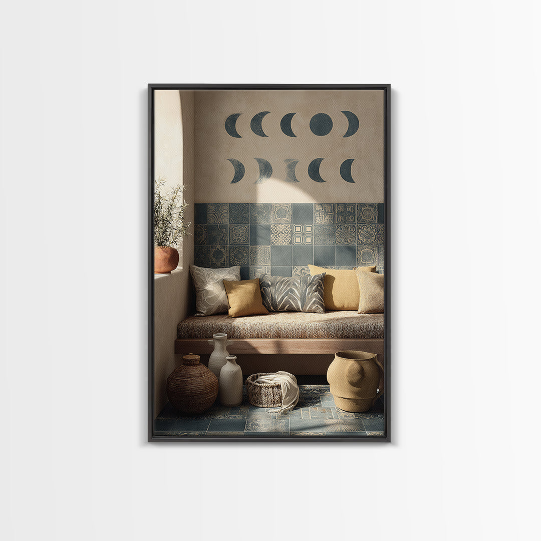 Moon Phases Above Botanical Silhouettes Canvas Print, Boho Art, Abstract Art, Living Room Decor, Bohemian 458, Set of Prints, BOH-2x3-58