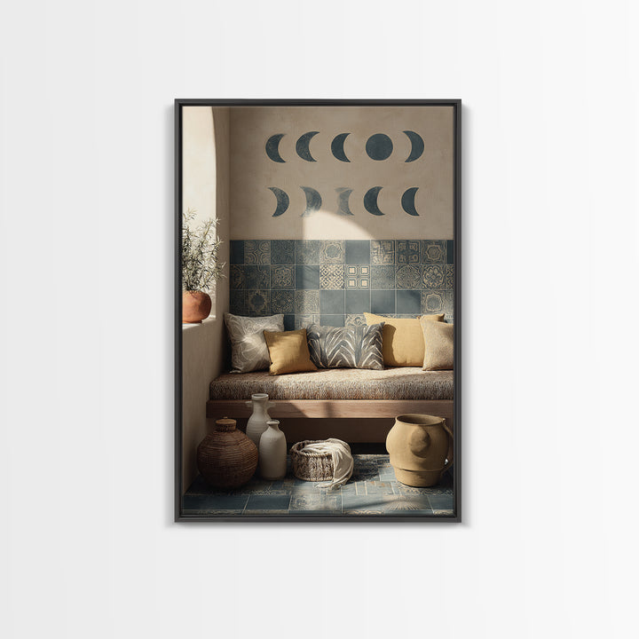 Moon Phases Above Botanical Silhouettes Canvas Print, Boho Art, Abstract Art, Living Room Decor, Bohemian 458, Set of Prints, BOH-2x3-58