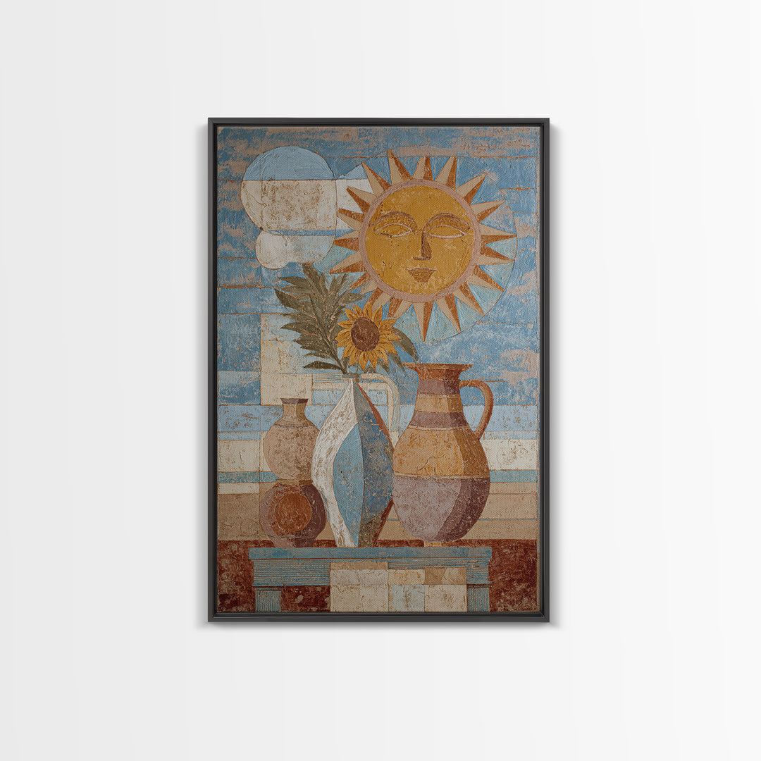 Sun and Moon Celestial Folk Motif Canvas Print, Boho Art, Art Deco, Living Room Decor, Oil Painting, Bohemian, Modern Wall Art, BOH-2x3-66