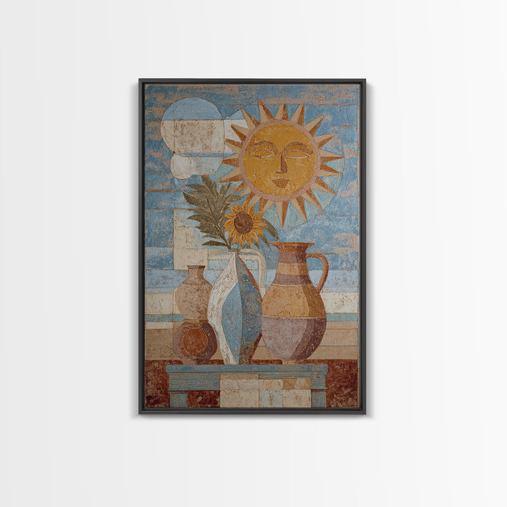 Sun and Moon Celestial Folk Motif Canvas Print, Boho Art, Art Deco, Living Room Decor, Oil Painting, Bohemian, Modern Wall Art, BOH-2x3-66