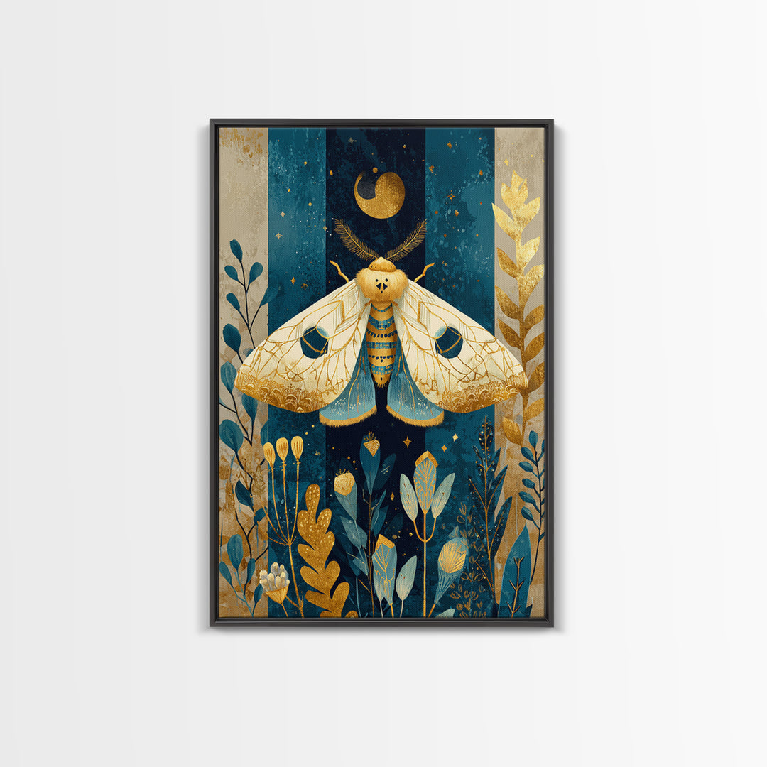Golden Moth with Moon and Stars Framed Canvas Print, Boho Art, Living Room Wall Art, Living Room Decor, Fine Art, Bohemian, BOH-2x3-73
