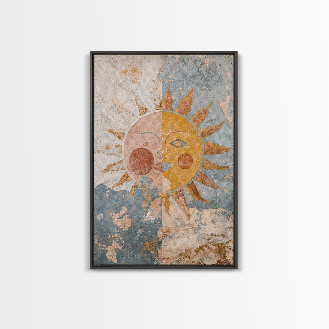 Sun and Moon Celestial Folk Motif Framed Canvas Print, Boho Art, Digital Print, Living Room Decor, Fine Art, Bohemian, BOH-2x3-90