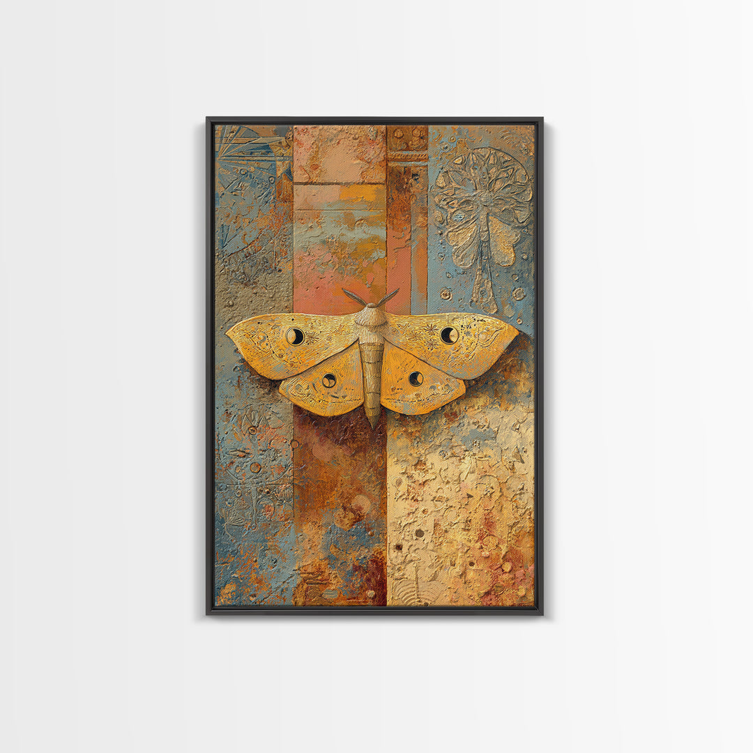 Golden Moth with Moon and Stars Framed Canvas Print, Boho Art, Living Room Wall Art, Living Room Decor, Fine Art, Bohemian, BOH-2x3-97