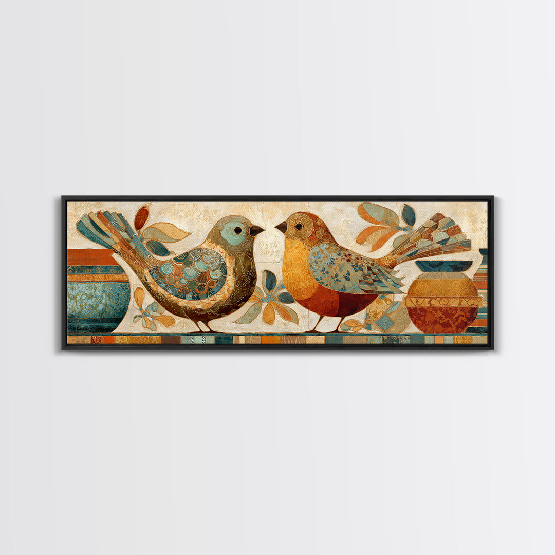 Boho Bird Pair Framed Canvas Print, Boho Art, Boho Decor, Living Room Decor, Fine Art, Bohemian, Textured Painting, BOH-3x1-12