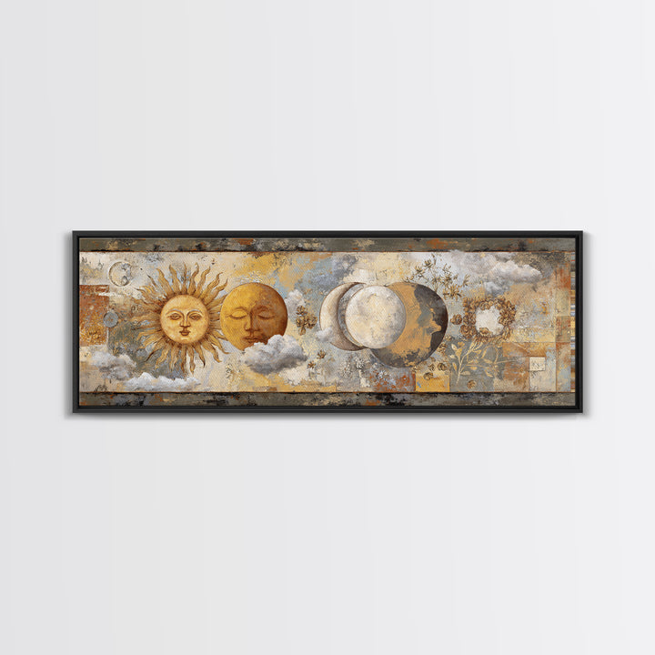 Sun and Moon Celestial Folk Motif Framed Canvas Print, Boho Art, Wallart, Living Room Decor, Bohemian, Living Room Wall Art, BOH-3x1-2