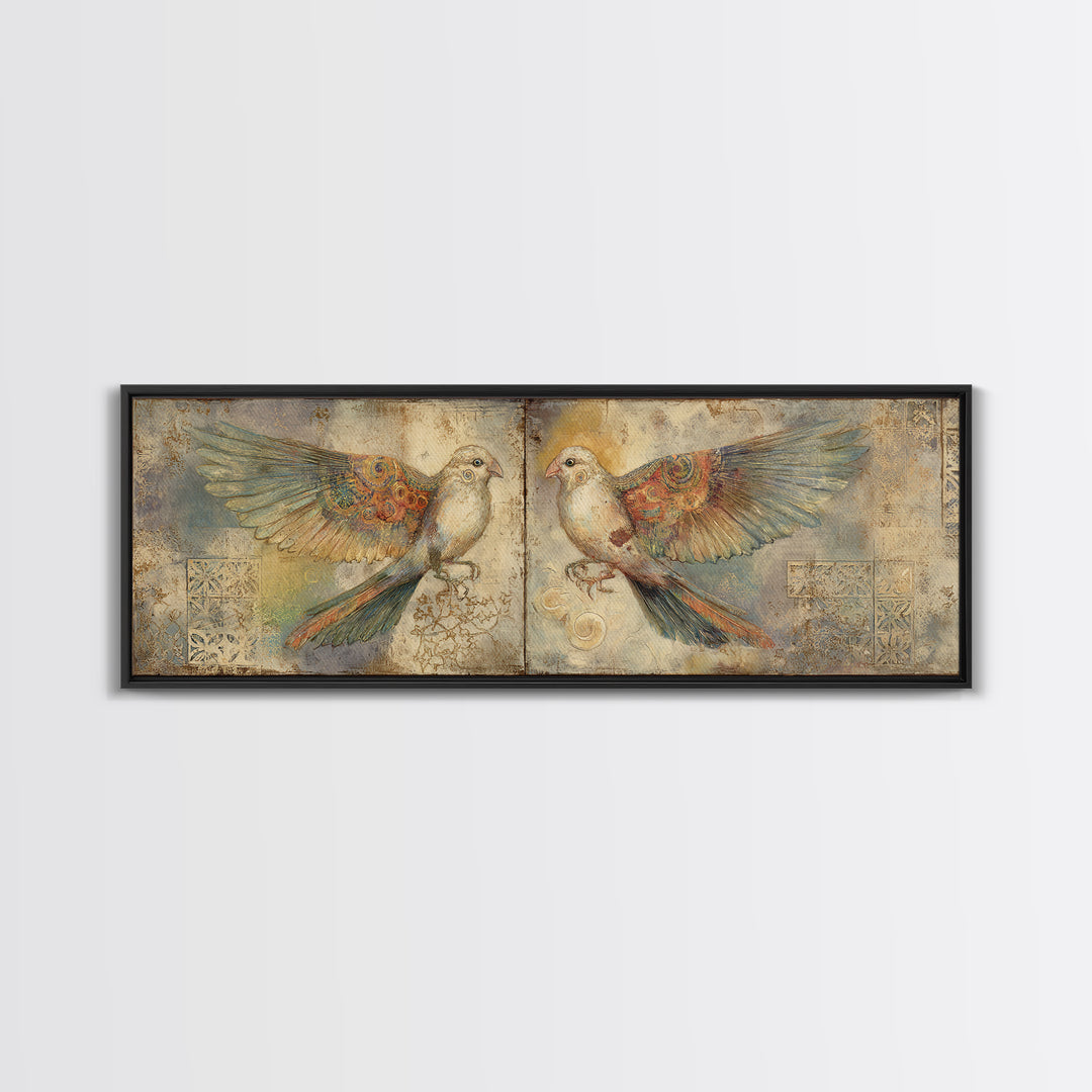 Boho Bird Pair Canvas Print, Boho Art, Neutral Decor, Living Room Decor, Fine Art, Bohemian, Wall Decor, Prints, Art Prints, BOH-3x1-36