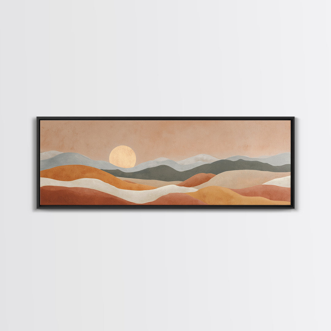 Sunrise over Rolling Dunes in Muted Peach Framed Canvas Print, Boho Art, Wall Art Set, Living Room Decor, Watercolor Art, BOH-3x1-37