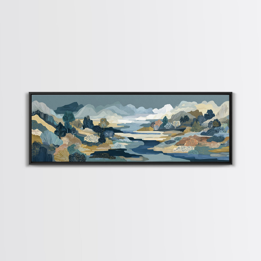 Earth Tone Mountain and River Abstraction Framed Canvas Print, Boho Art, Boho, Living Room Decor, Oil Painting, Bohemian, BOH-3x1-51