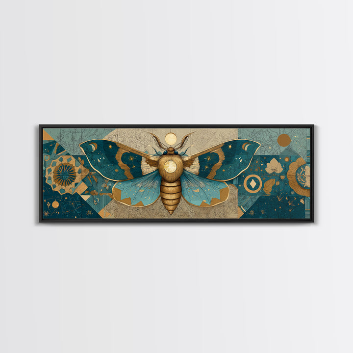 Golden Moth with Moon and Stars Framed Canvas Print, Boho Art, Statement Artwork, Living Room Decor, Fine Art, Bohemian, BOH-3x1-57