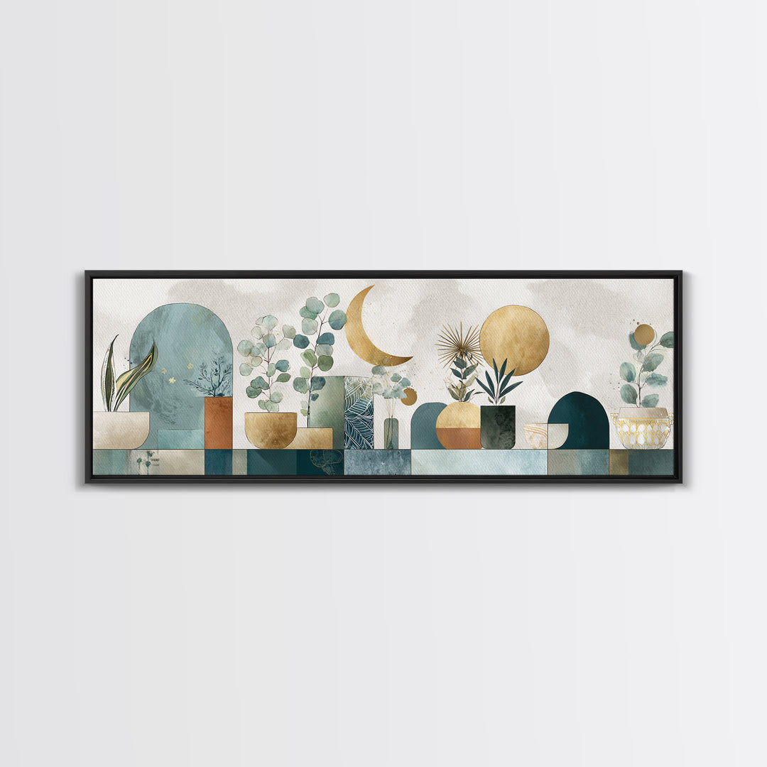 Sage Green Eucalyptus and Crescent Moon Framed Canvas Print, Boho Art, Wall Decor, Living Room Decor, Fine Art, Bohemian, BOH-3x1-63