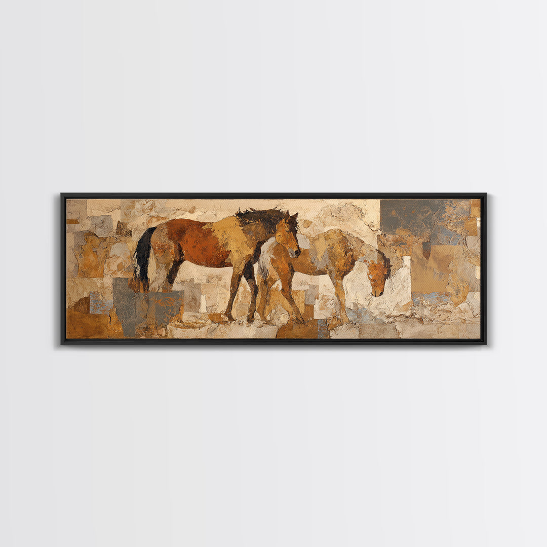 Wild Horse in Dusty Golden Light Framed Canvas Print, Boho Art, Prints, Living Room Decor, Fine Art, Bohemian, Abstract Art, BOH-3x1-72