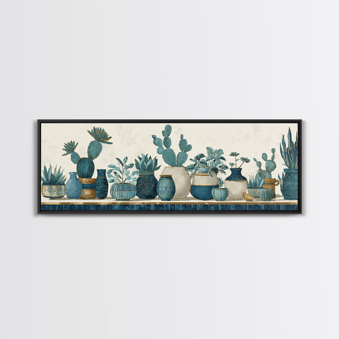 Warm Neutral Cactus Garden Illustration Framed Canvas Print, Boho Art, Boho Wall Art, Living Room Decor, Oil Painting, Bohemian, BOH-3x1-82