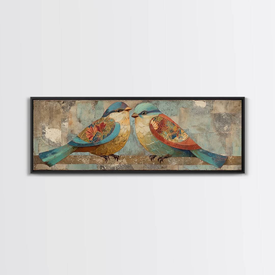 Boho Bird Pair Framed Canvas Print, Boho Art, Digital Art, Living Room Decor, Bohemian, Printable Art, Abstract Wall Art, BOH-3x1-84