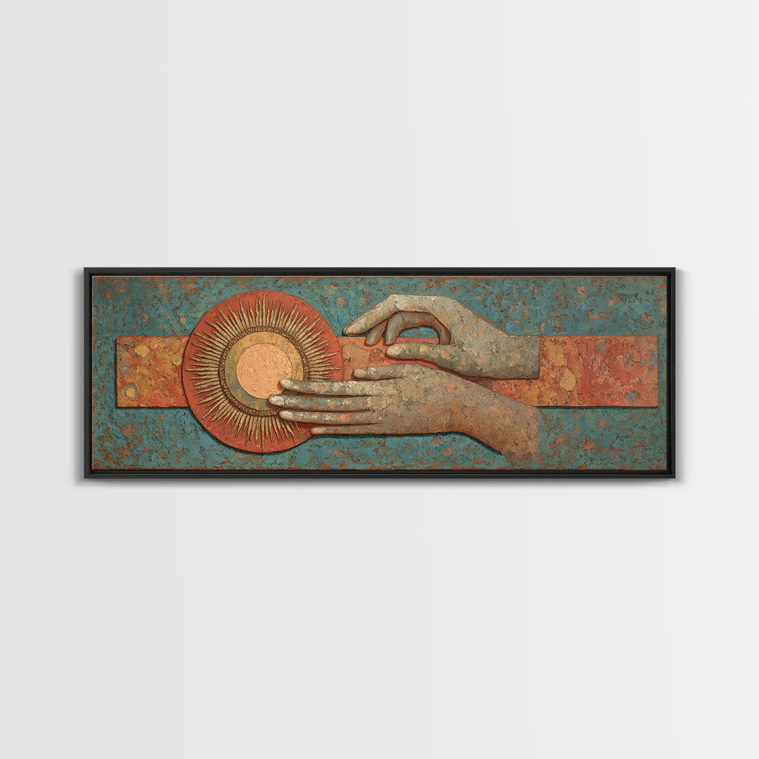 Mystic Hand Holding a Tiny Sun Canvas Print, Boho Art, Set of 3 Prints, Living Room Decor, Watercolor Art, Bohemian, BOH-3x1-94