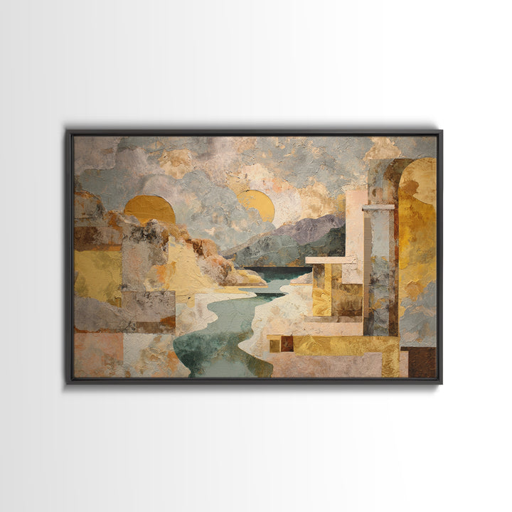 Earth Tone Mountain and River Abstraction Framed Canvas Print, Boho Art, Wall Art Set, Living Room Decor, Fine Art, Bohemian, BOH-3x2-15