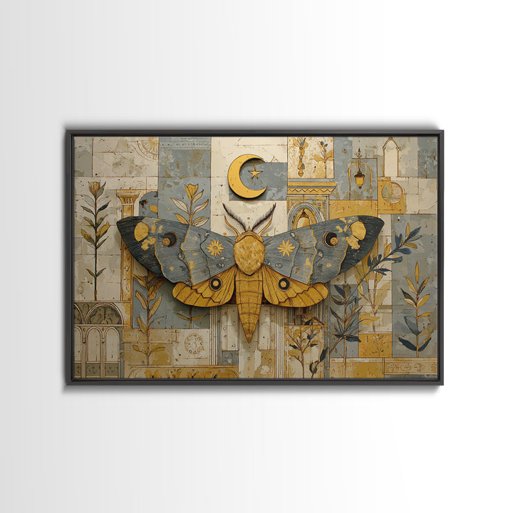 Golden Moth with Moon and Stars Canvas Print, Boho Art, Modern Decor, Living Room Decor, Fine Art, Bohemian, Wall Decor, BOH-3x2-21