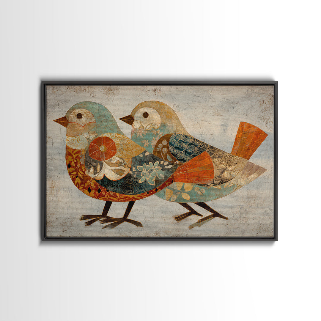 Boho Bird Pair Framed Canvas Print, Boho Art, Statement Artwork, Living Room Decor, Fine Art, Bohemian, Art Prints, Digital Art, BOH-3x2-24