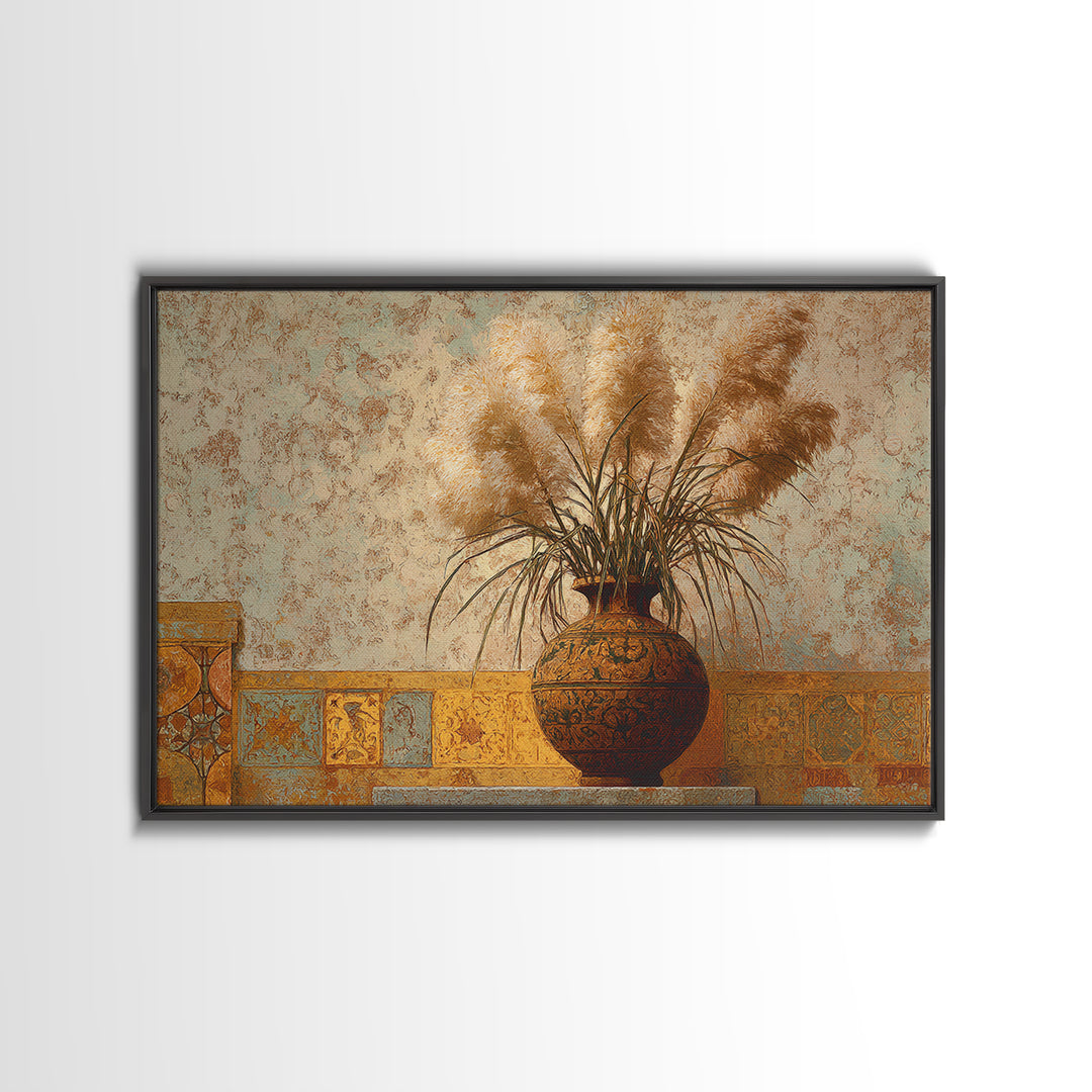 Bohemian Vase with Dried Pampas Grass Canvas Print, Boho Art, Luxury Decor, Living Room Decor, Oil Painting, Bohemian, BOH-3x2-37