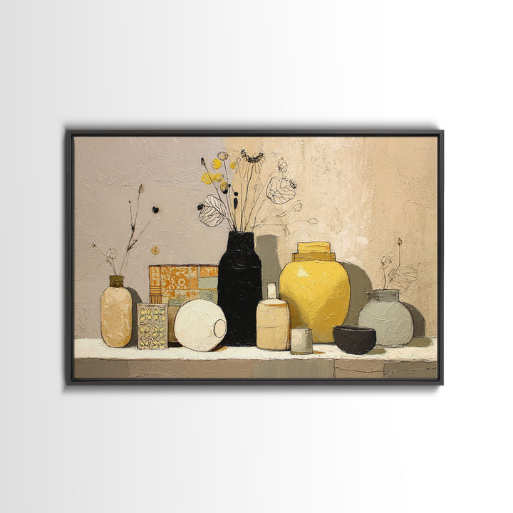 Minimal Black Line Figure Framed Canvas Print, Boho Art, Textured Painting, Living Room Decor, Watercolor Art, Bohemian, BOH-3x2-40