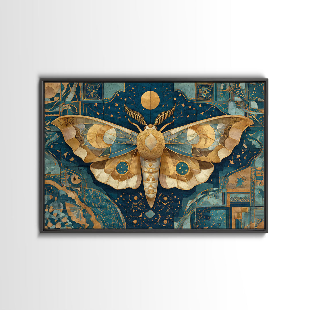 Golden Moth with Moon and Stars Framed Canvas Print, Boho Art, Textured Painting, Living Room Decor, Fine Art, Bohemian, BOH-3x2-45