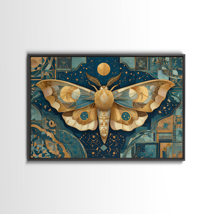 Golden Moth with Moon and Stars Framed Canvas Print, Boho Art, Textured Painting, Living Room Decor, Fine Art, Bohemian, BOH-3x2-45