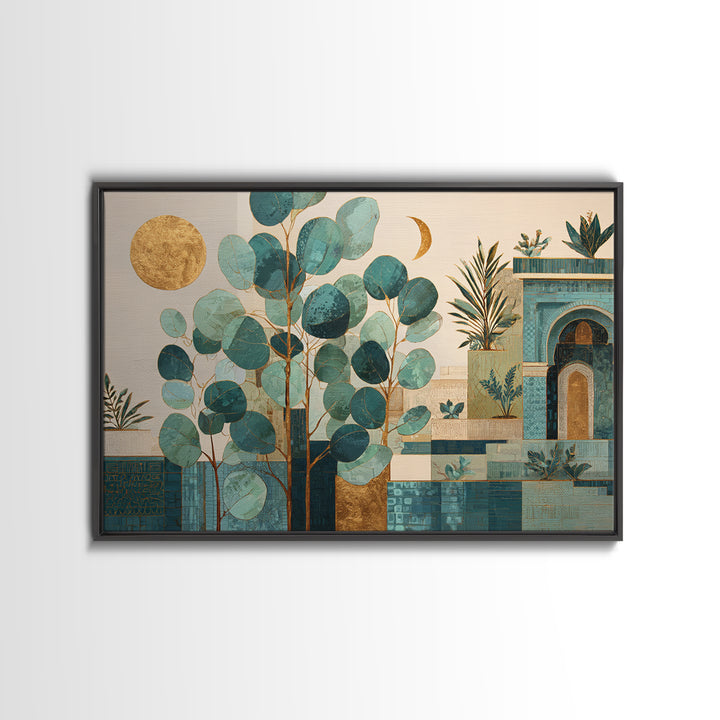 Sage Green Eucalyptus and Crescent Moon Canvas Print, Boho Art, Art Print, Living Room Decor, Fine Art, Bohemian, Digital Print, BOH-3x2-51