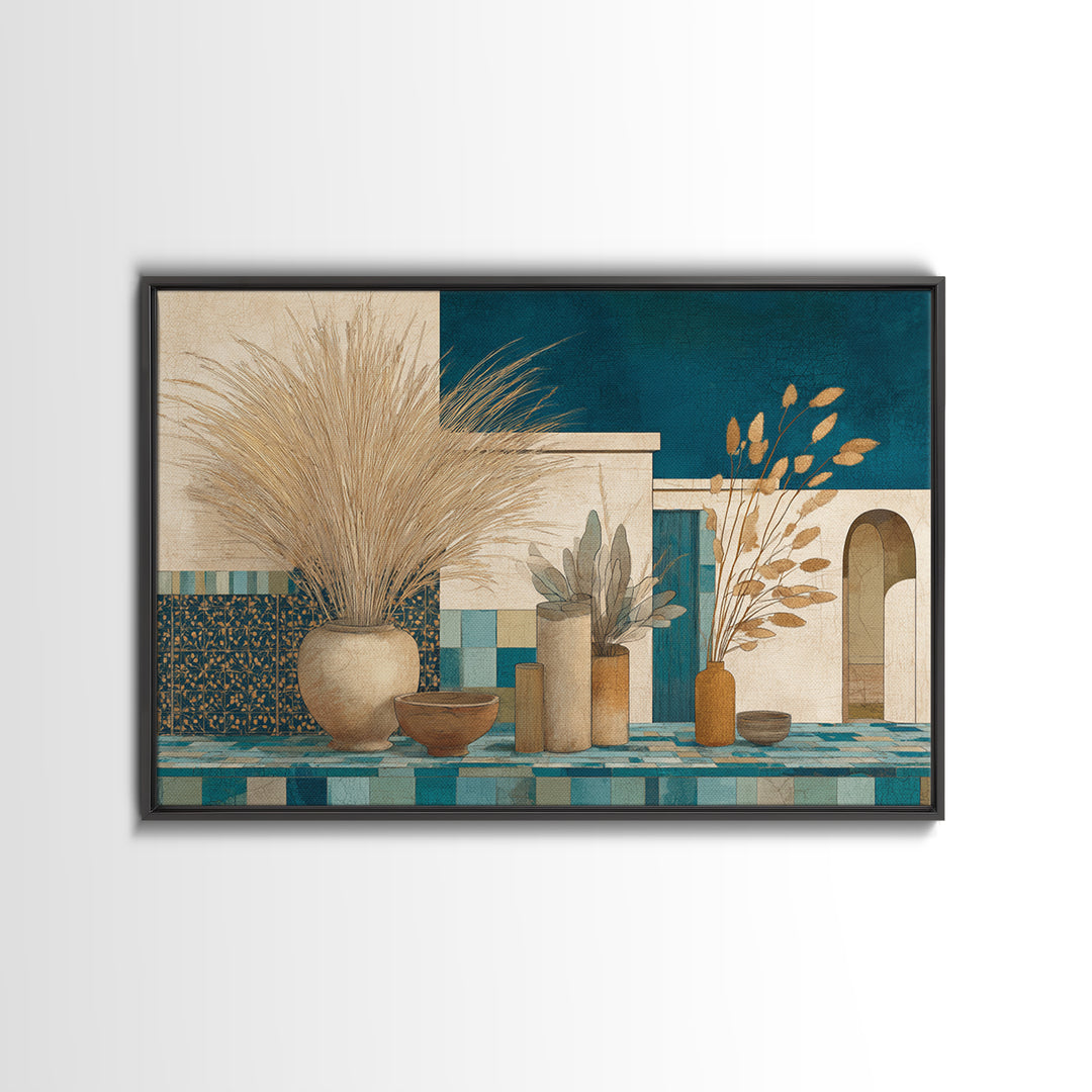 Bohemian Vase with Dried Pampas Grass Canvas Print, Boho Art, Luxury Decor, Living Room Decor, Oil Painting, Bohemian, BOH-3x2-61