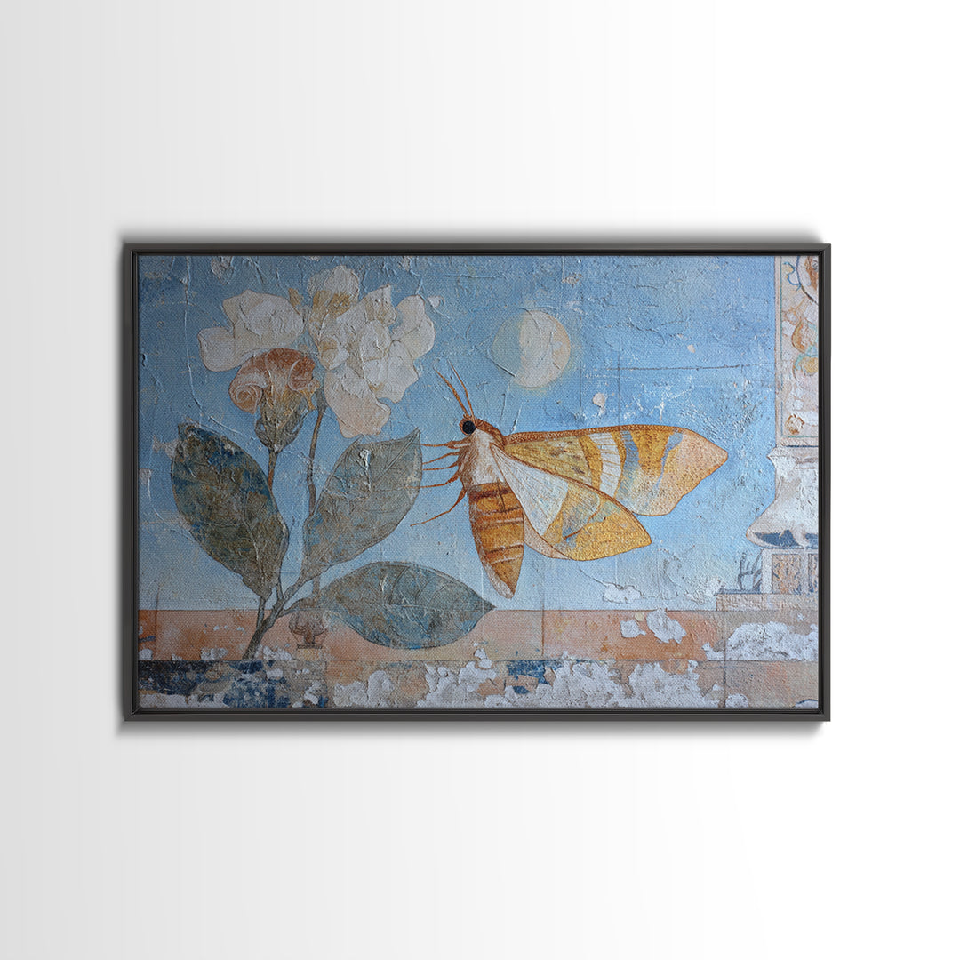 Golden Moth with Moon and Stars Framed Canvas Print, Boho Art, Textured Painting, Living Room Decor, Fine Art, Bohemian, BOH-3x2-69