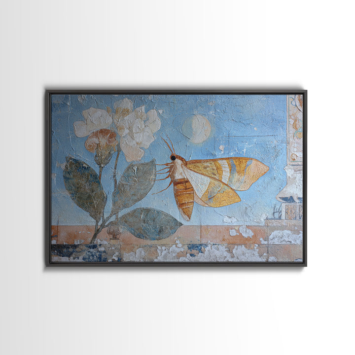 Golden Moth with Moon and Stars Framed Canvas Print, Boho Art, Textured Painting, Living Room Decor, Fine Art, Bohemian, BOH-3x2-69