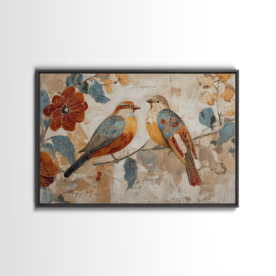 Boho Bird Pair Canvas Print, Boho Art, Mid Century Modern, Living Room Decor, Fine Art, Bohemian, Boho Wall Art, Garden Art, BOH-3x2-72