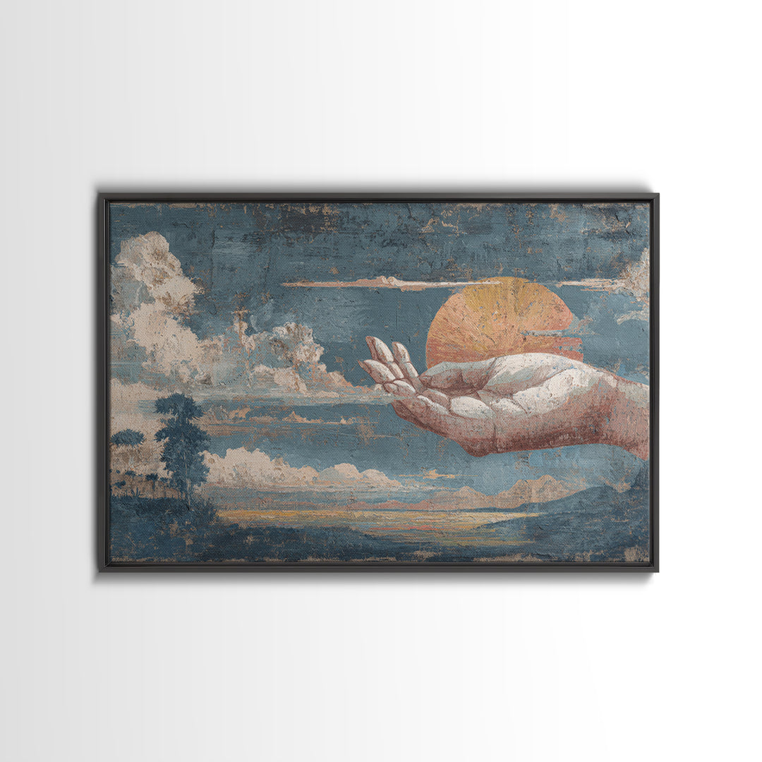 Mystic Hand Holding a Tiny Sun Framed Canvas Print, Boho Art, Statement Artwork, Living Room Decor, Oil Painting, Bohemian, BOH-3x2-82