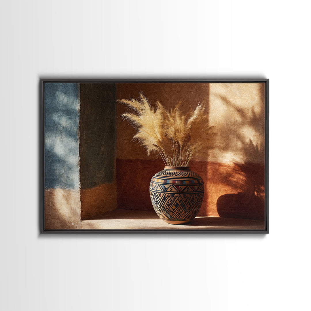 Bohemian Vase with Dried Pampas Grass Framed Canvas Print, Boho Art, Wall Art, Living Room Decor, Fine Art, Bohemian, BOH-3x2-85