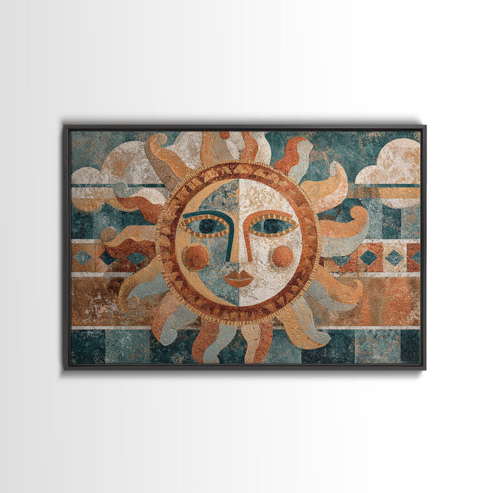 Sun and Moon Celestial Folk Motif Framed Canvas Print, Boho Art, Wall Art Set, Living Room Decor, Fine Art, Bohemian, BOH-3x2-86