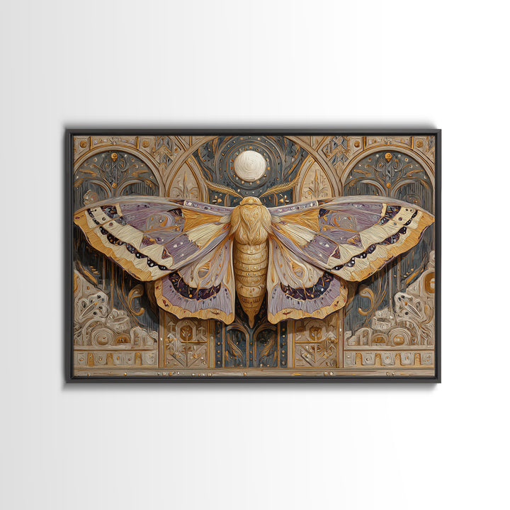 Golden Moth with Moon and Stars Canvas Print, Boho Art, Art, Living Room Decor, Fine Art, Bohemian, Wallart, Art Nouveau, BOH-3x2-93