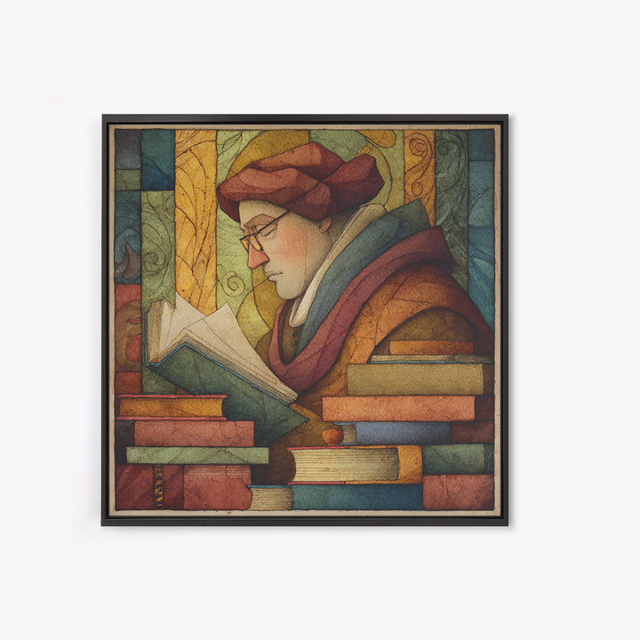 Renaissance Scholar Portrait Framed Canvas Print, Bookstore Art, Gallery Wall Art, Bookstore Decor, Fine Art, Literary, BOO-1x1-47