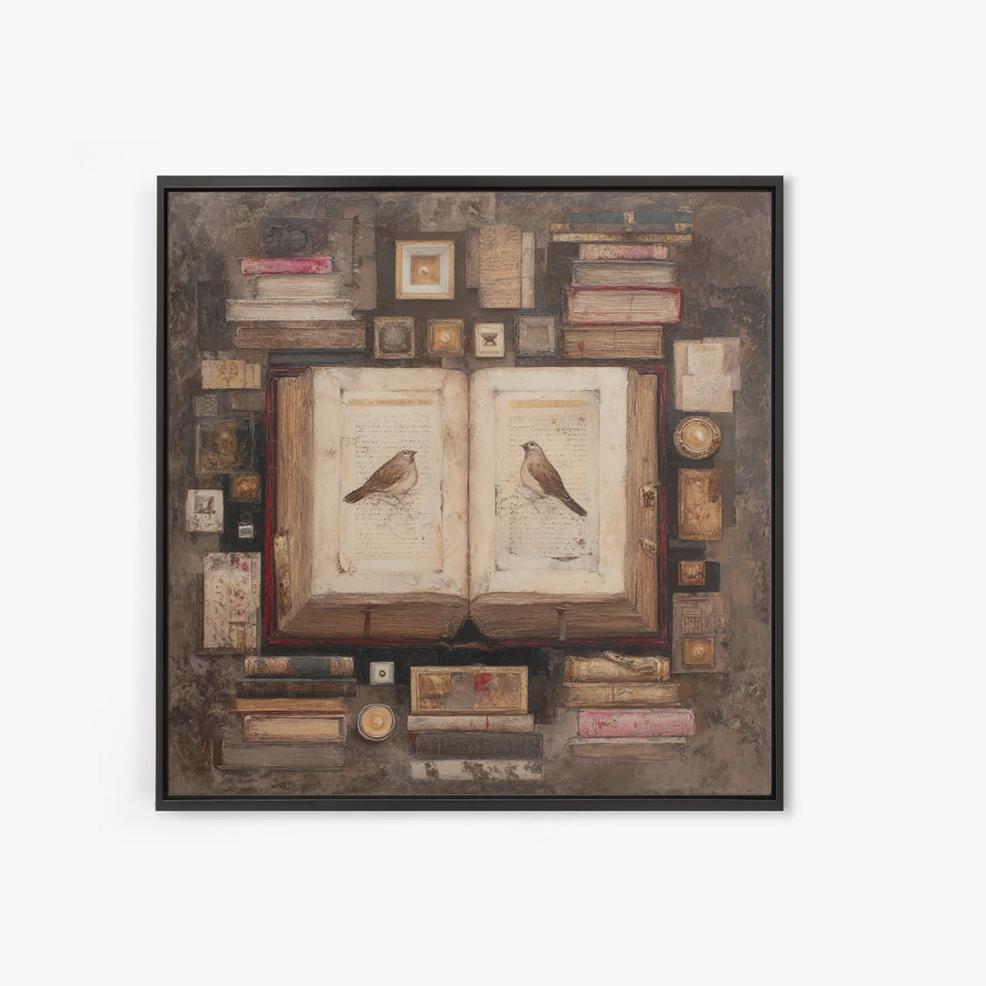 Flying Pages Transforming into Birds Framed Canvas Print, Bookstore Art, Autumn Wall Art, Bookstore Decor, Oil Painting, BOO-1x1-61
