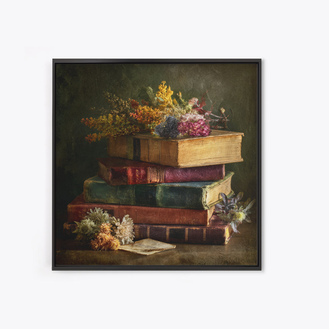 Stack of Antique Books Framed Canvas Print, Bookstore Art, Luxury Decor, Bookstore Decor, Fine Art, Literary, Pink Wall Art, BOO-1x1-73